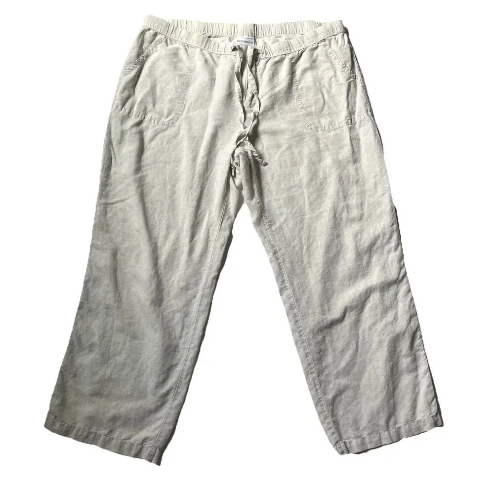 Liz Claiborne Linen /Cotton Pants Women Size XL Beige Drawstring Pockets Coastal
